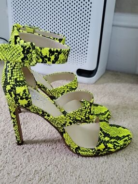 Vince Camuto Neon Yellow Snake-Print Strappy High Heels